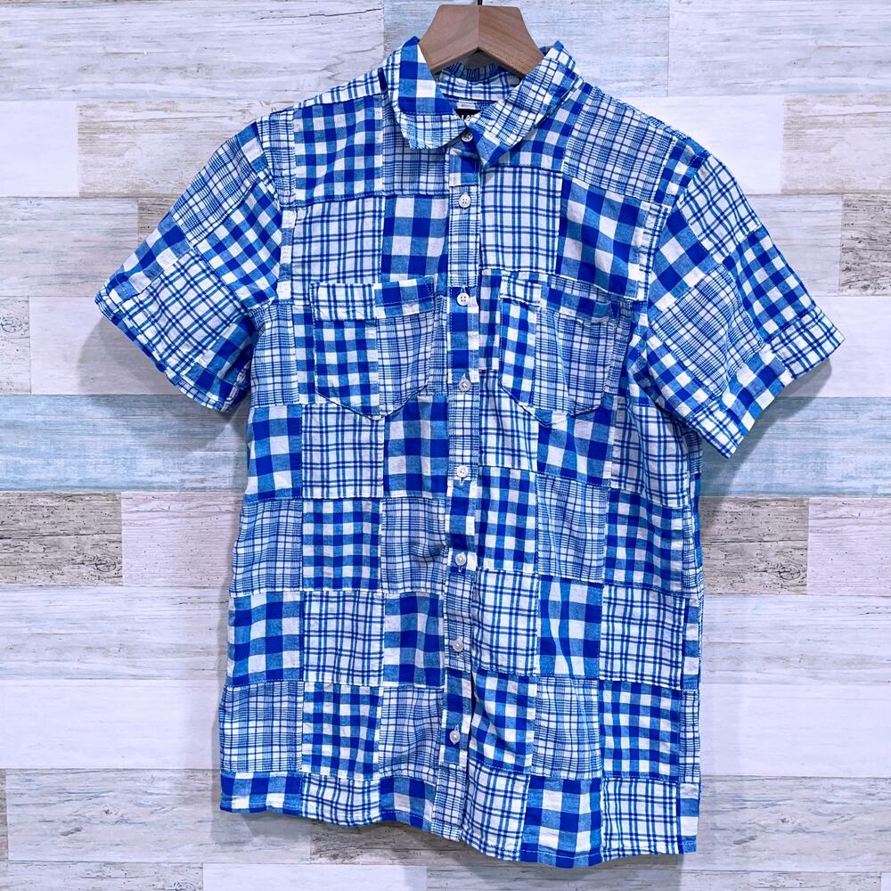 Lands End Patchwork Plaid Button Up Shirt Blue White Short Sleeve Womens XS